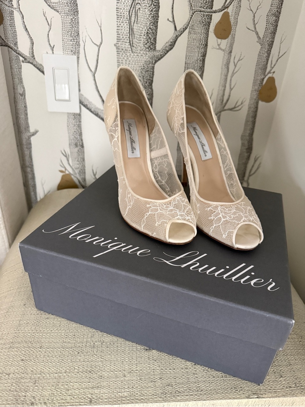 Monique Lhuillier Nude & Cream Lace Peep-Toe Bridal Heels